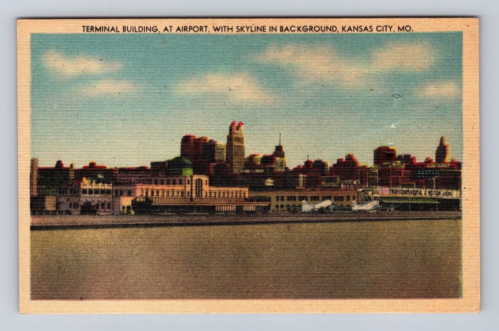 Kansas City MO-Missouri, Airport Terminal Bldg., Skyline, Vintage Postcard