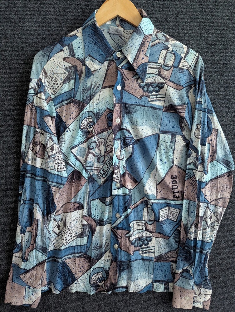80s Vintage KMart Abstract Retro Cubist Graphic Long Sleeve Shirt Mens Large USA-image