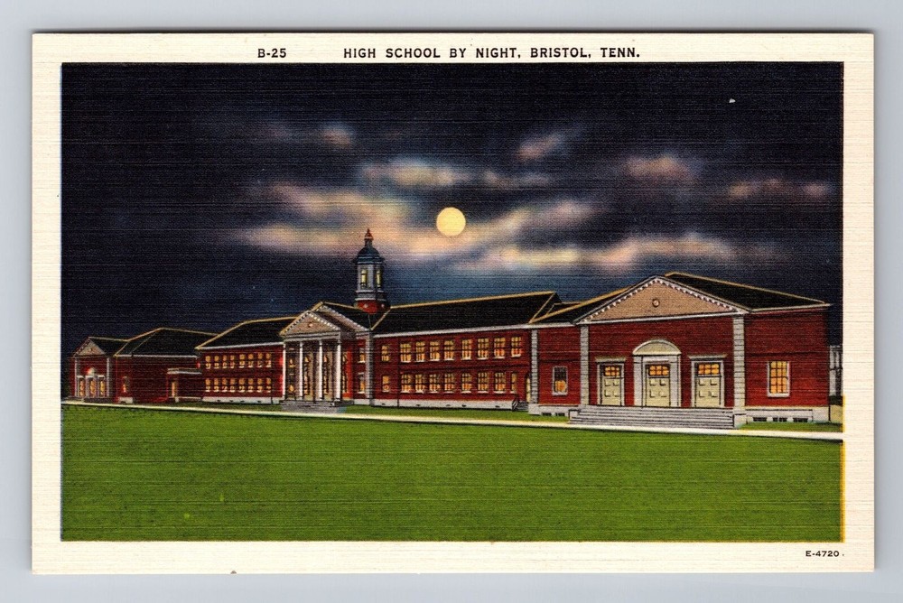 Bristol TN-Tennessee, High School By Night, Vintage Souvenir Postcard