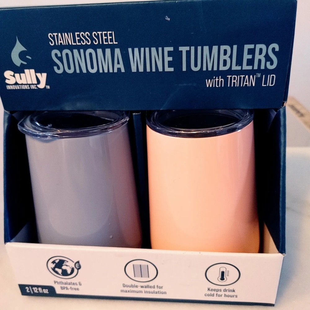 Sully Sonoma Wine Tumblers 2. 12oz Stainless Steel TrItan Lid New
