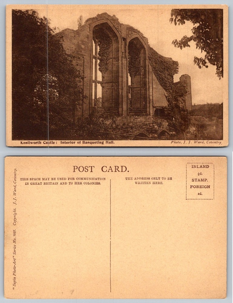 1907 Kenilworth Castle Banqueting Hall Ruins UK Sepia Postcard J.J. Ward