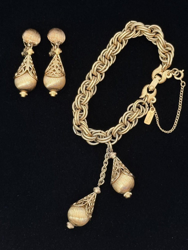 Vintage 1960s MONET Gold-Tone 'Bolero' Dangle Bracelet & Clip-On Earring Set