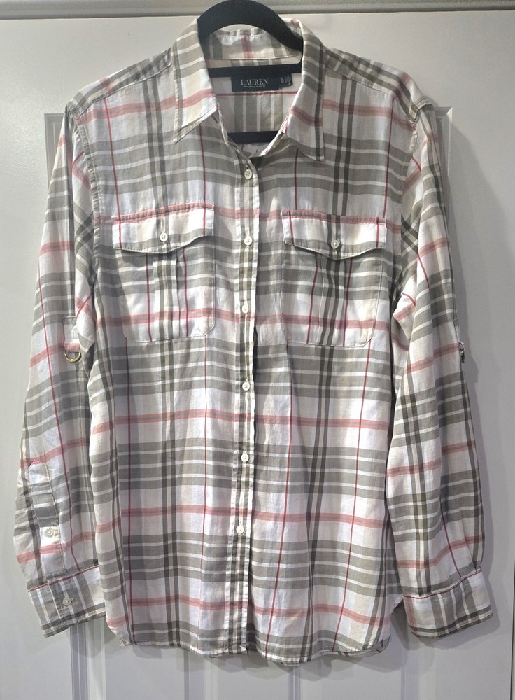 Women's Long Sleeve Lauren Ralph Lauren  White, Pink Plaid Button Down Shirt XL