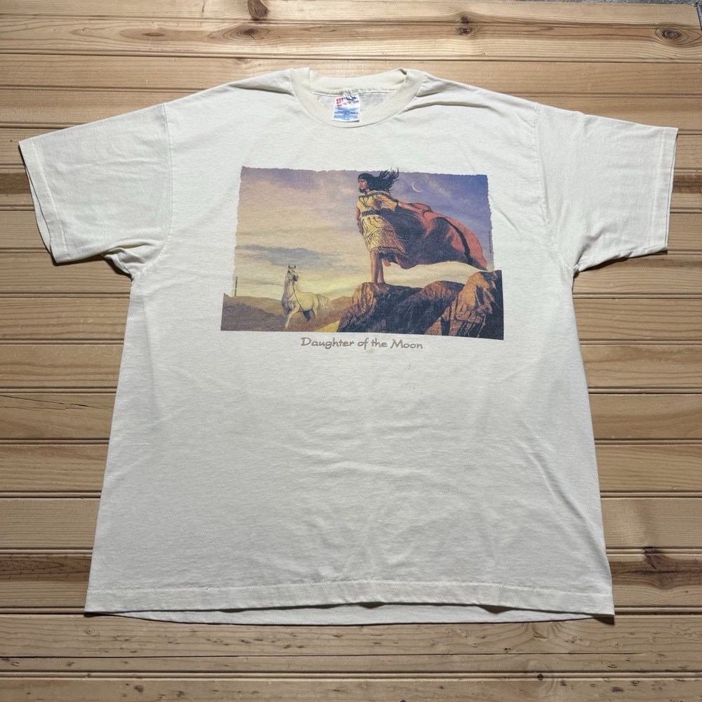 Vintage 90s Native American Daughter Of The Moon Horse Art Print Shirt Size XL
