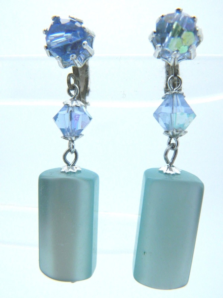 Japan Blue Prystal Moon Glow Dangle Silver Tone Clip-On Earrings Vintage
