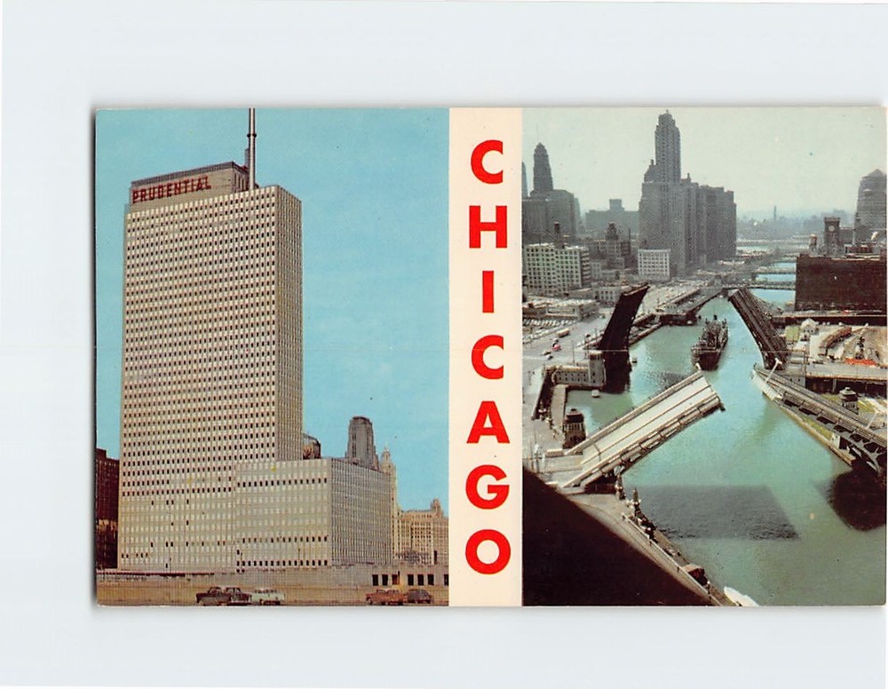 Postcard Prudential Building & River Bridges Chicago Illinois USA