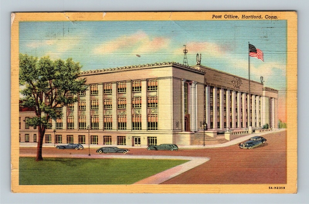 Hartford CT-Connecticut, US Post Office Building, Period Cars Vintage Postcard