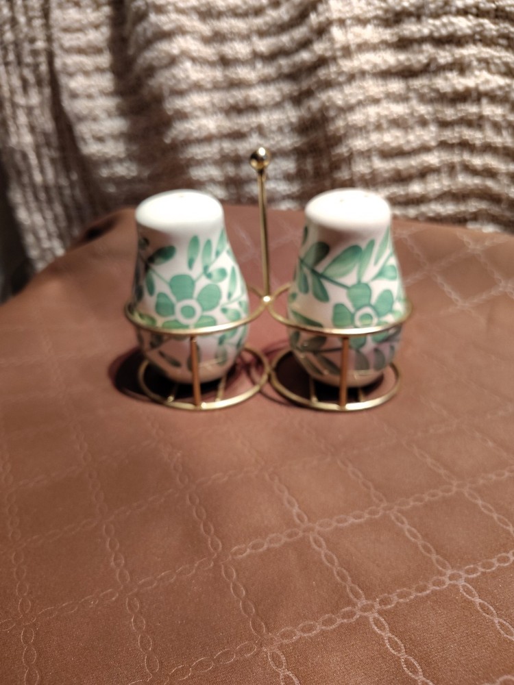 Green Floral Ceramic Salt and Pepper Shakers with Metal Holder – 4” Tall