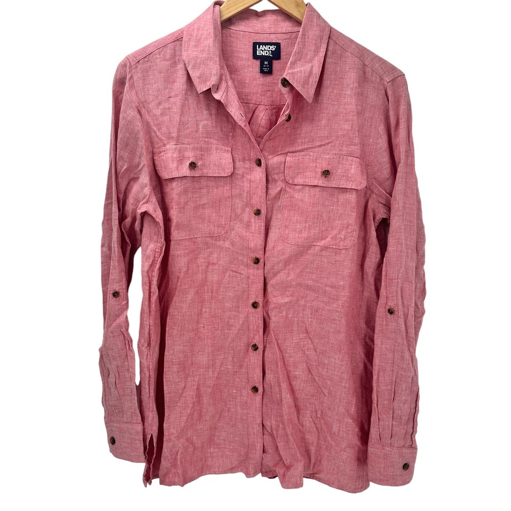 Lands End Women's Medium Red Linen Long Sleeve Button Up Shirt with Roll Tab Coastal Style