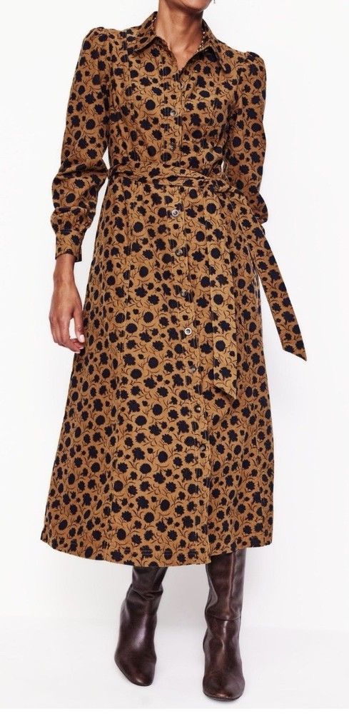 Boden Brown Black Leopard Print Collared Long Sleeve Belted Shirt Midi Dress S