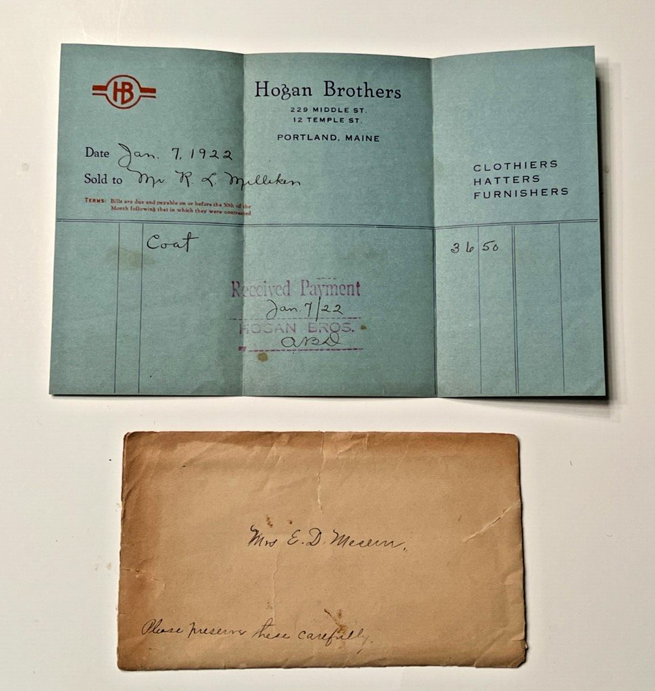 Hogan Brothers Clothiers  Portland Maine  1922 Paid Invoice Receipt For Coat