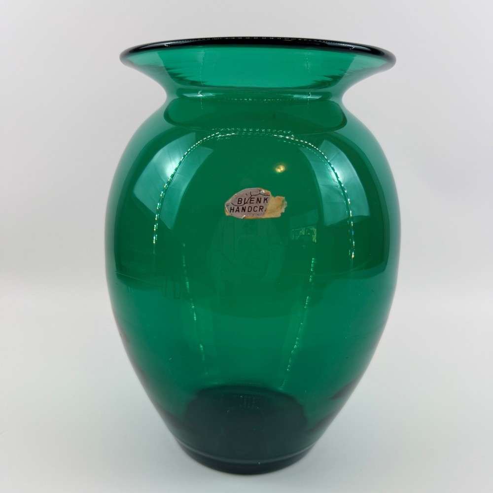 Vintage Blenko 431L Emerald Green Hand Blown Vase Original (partial) Sticker