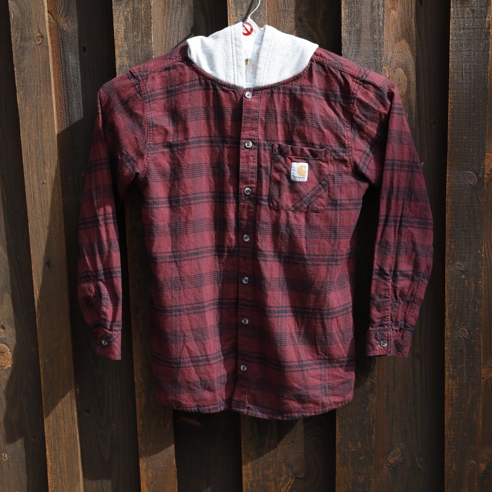 Carhartt Boys XL 18-20 Hooded Flannel Shirt Long Sleeve Button Dark Red