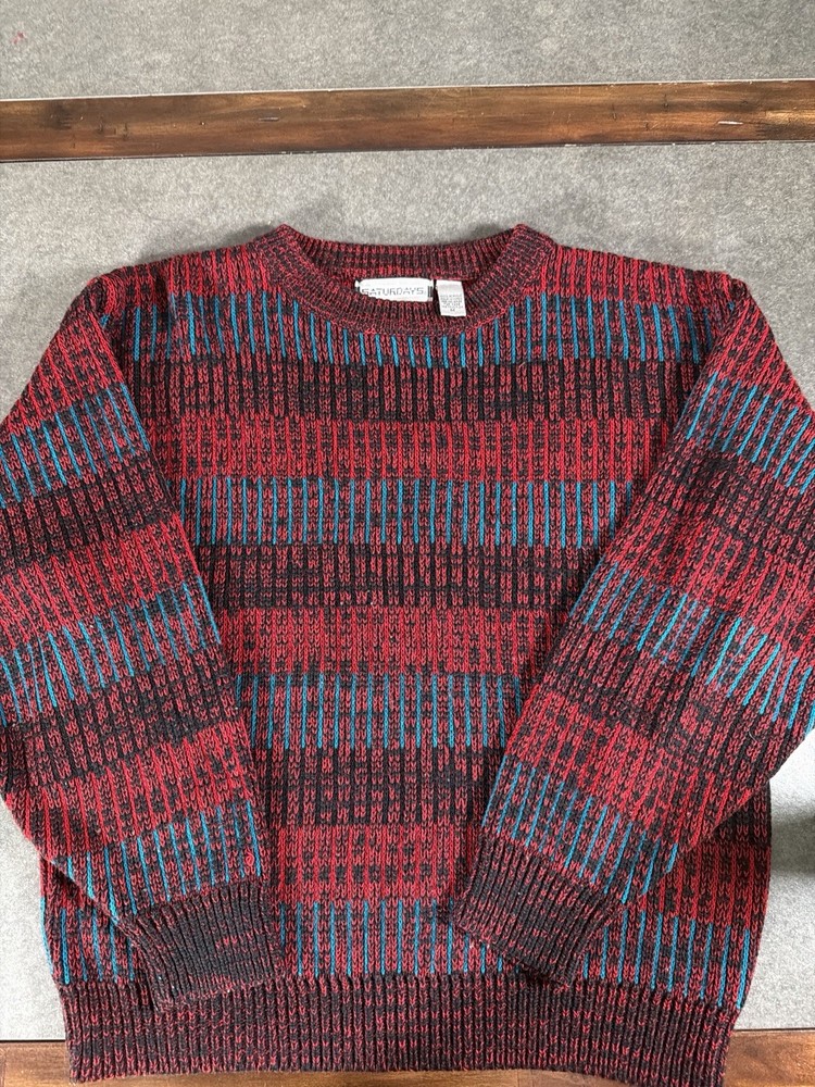 Vintage Saturdays Knit Sweater Mens M Red Black Teal Striped Crewneck 80s 90s