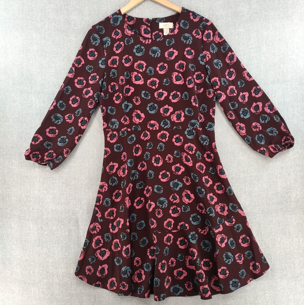 Loft Floral Print Dress Womens 10 Brown Pink Fit Flare Long Sleeve Office Casual