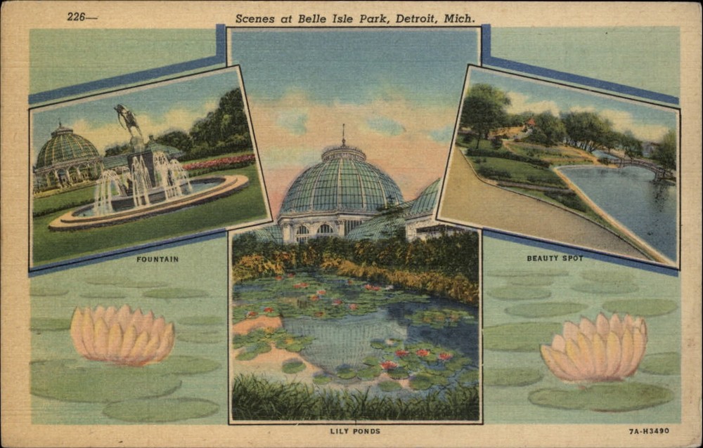 Michigan Detroit Belle Isle scenes multiview ~ 1930s linen postcard sku541