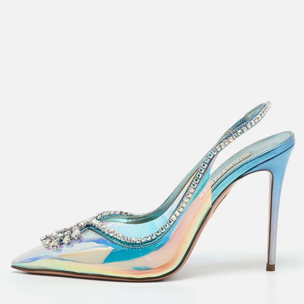 Aquazzura Transparent Crystal Embellished PVC Heaven Slingback Pumps Size 385
