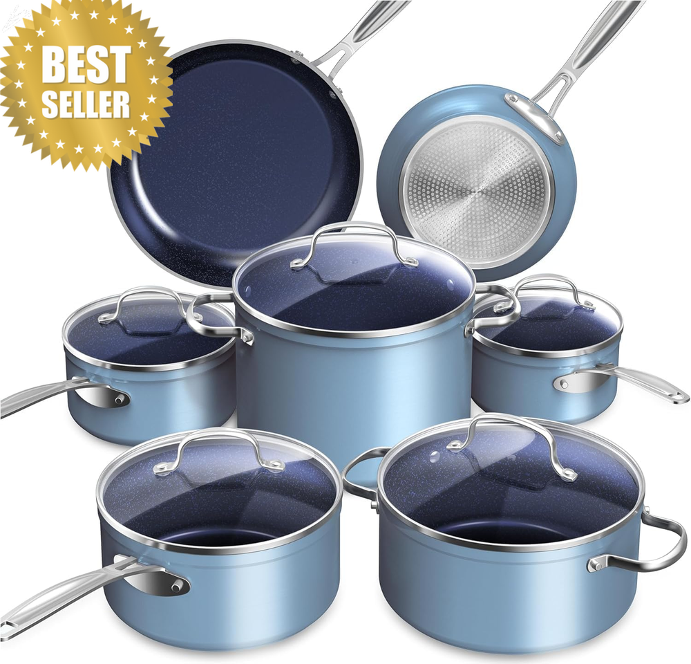 Duralon Blue Ceramic Nonstick Cookware Set PFAS-Free Induction Oven Safe