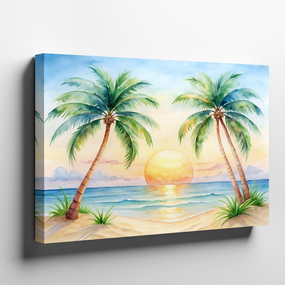 Tropical Beach Sunset Canvas Wall Art Palm Trees Ocean Waves Landscape Print
