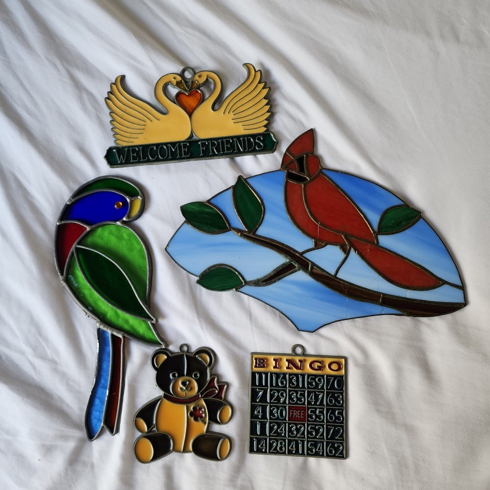 Lot of 5 Vintage Faux Stained Glass Suncatchers (Birds, Bear, Bingo)