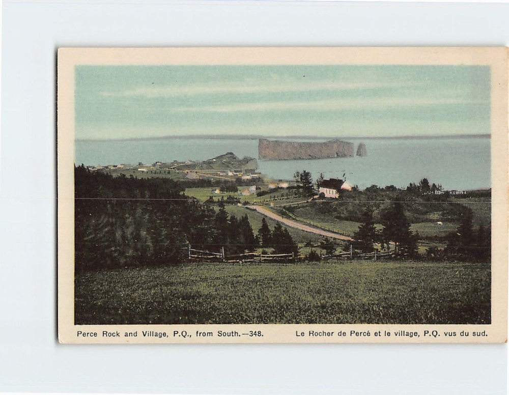 Postcard Perce Rock and Village Quebec Canada
