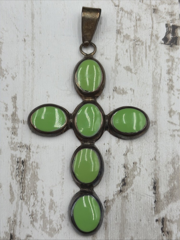 Vintage Mexico 925 Sterling Silver Green Enamel Boho Cross Pendant Large