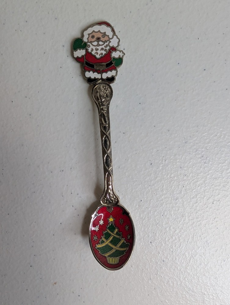 Vintage Christmas Santa Claus & Tree Enamel Collectible Souvenir Spoon Korea