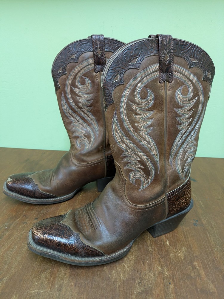 Ariat Men's Size 9 B Brown Leather Wingtip Western Square Toe Boots 15878