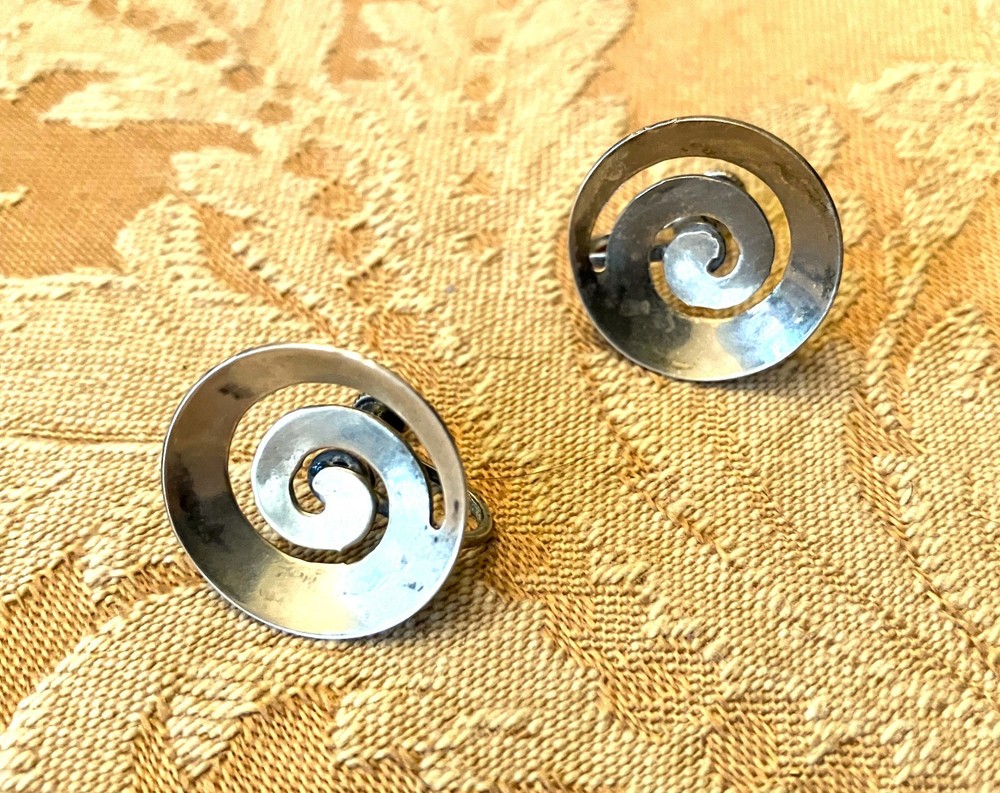 Vintage Abstract Modernist Spiral Design Sterling Silver Screw Back Earrings