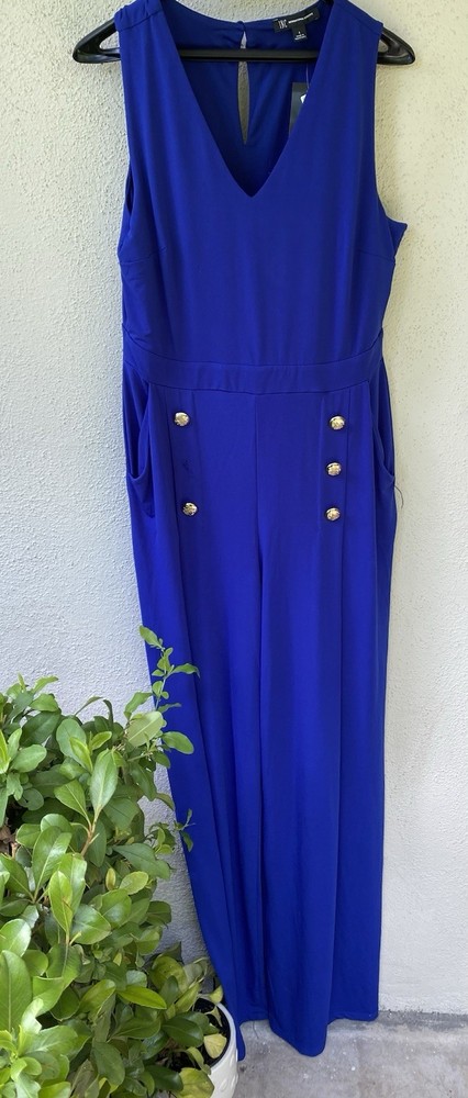 INC International Concepts Bright Blue Sleeveless Jumpsuit Button L