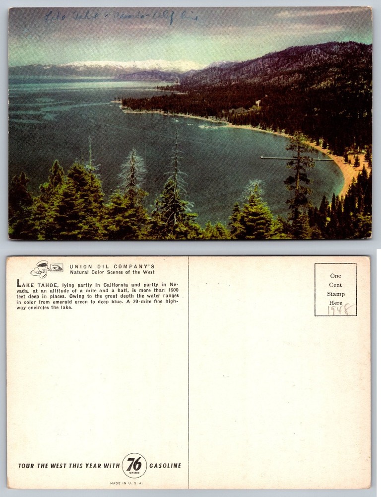 Vintage 1948 Lake Tahoe Nevada California Union Oil 76 Gasoline Postcard