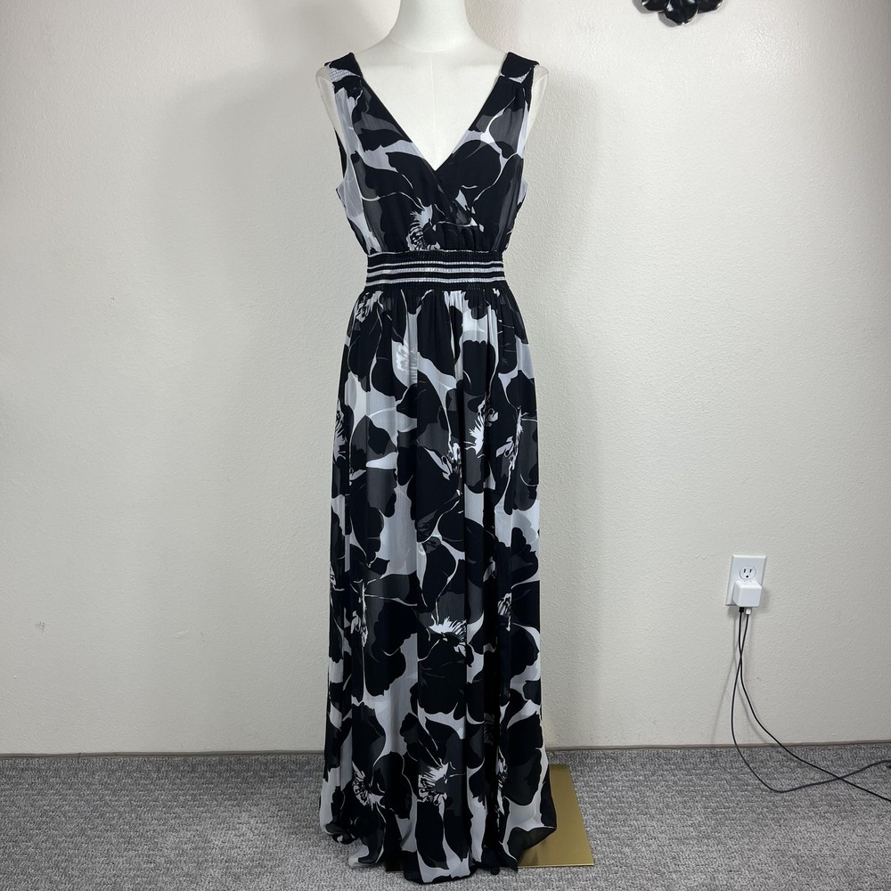 White House Black Market Dress Womens 6 Black Floral Maxi Chiffon Party Wedding