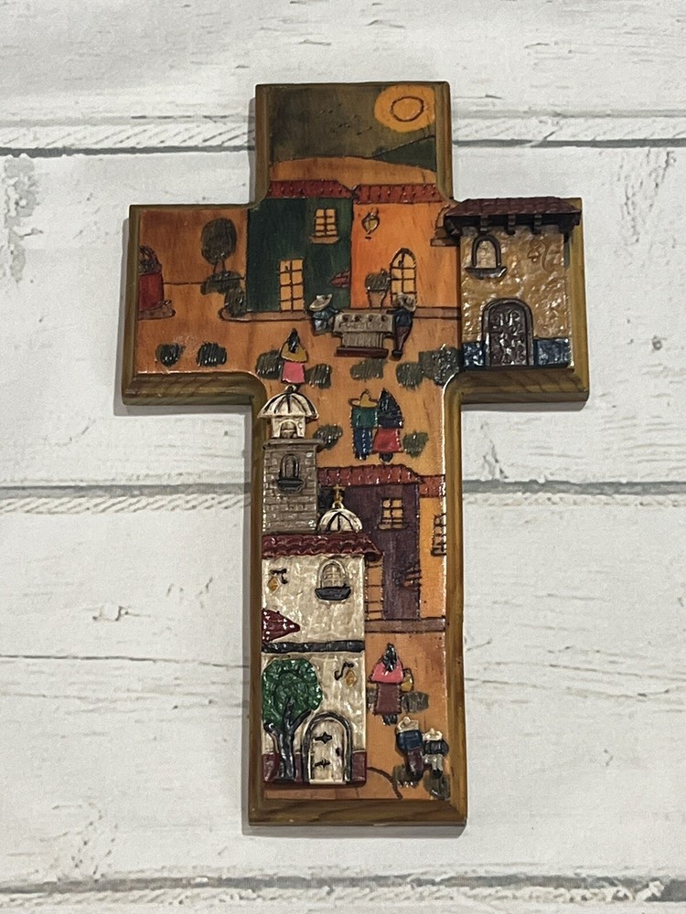 Vtg Mexican Folk Art Cross Carved Wooden 3D Rare 12x7x1