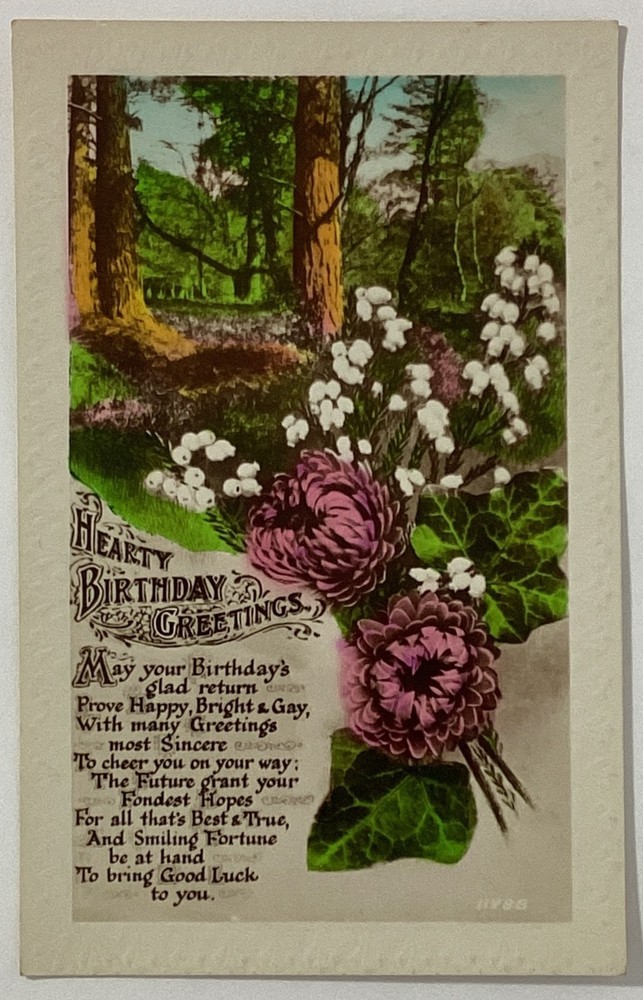 Hearty Birthday Greetings Poem Flowers Vintage Postcard Posted
