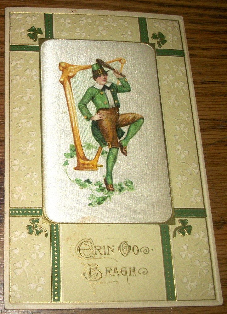 Vintage Winsch Silk Center St. Patrick's Day Postcard~Guy with Harp S9