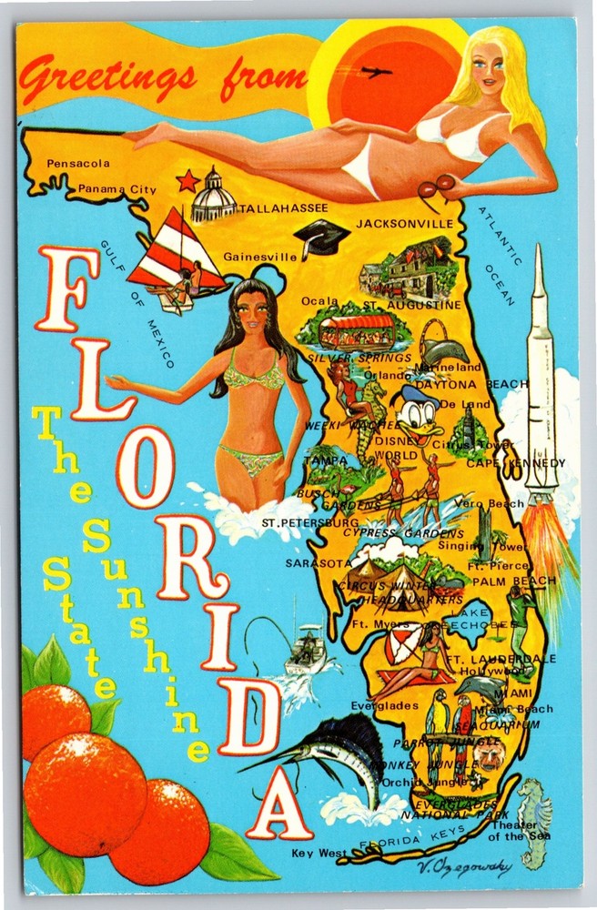 State Maps~Oranges Women & Pictorial Map of Florida~Vintage Postcard