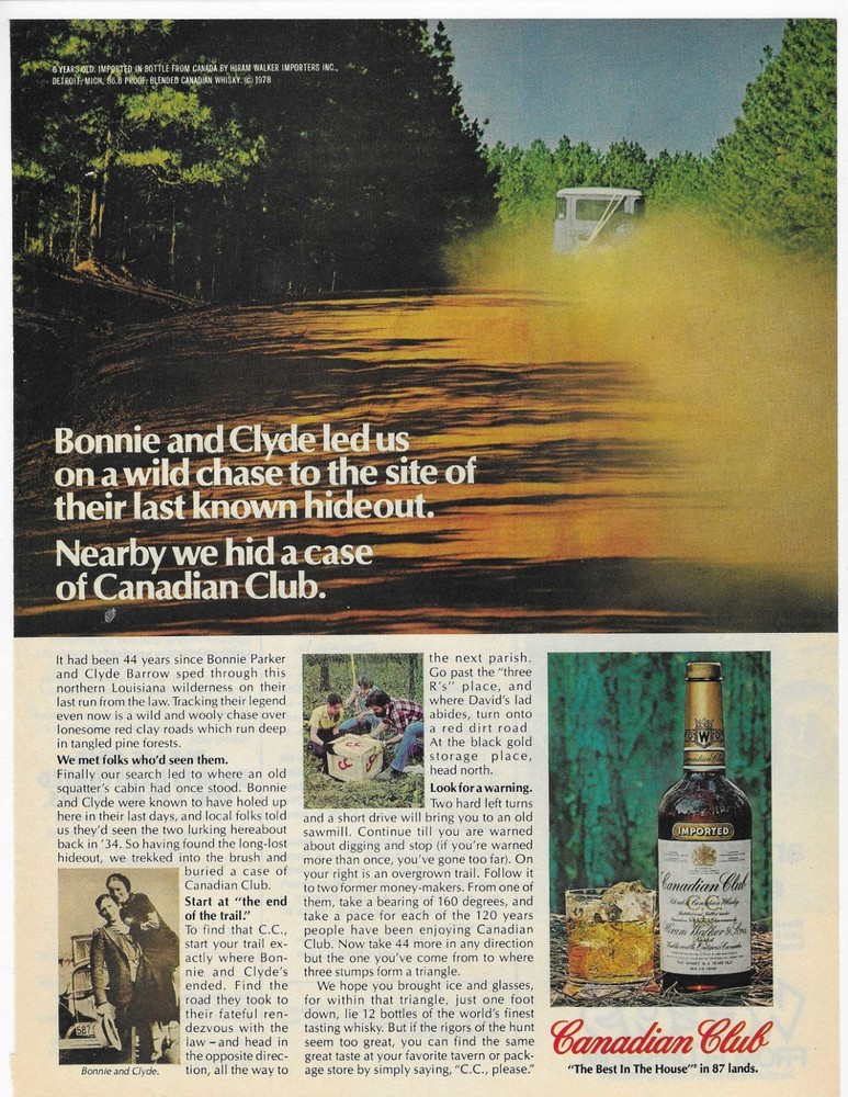 BONNIE and CLYDE  CANADIAN CLUB ORIGINAL PRINT AD