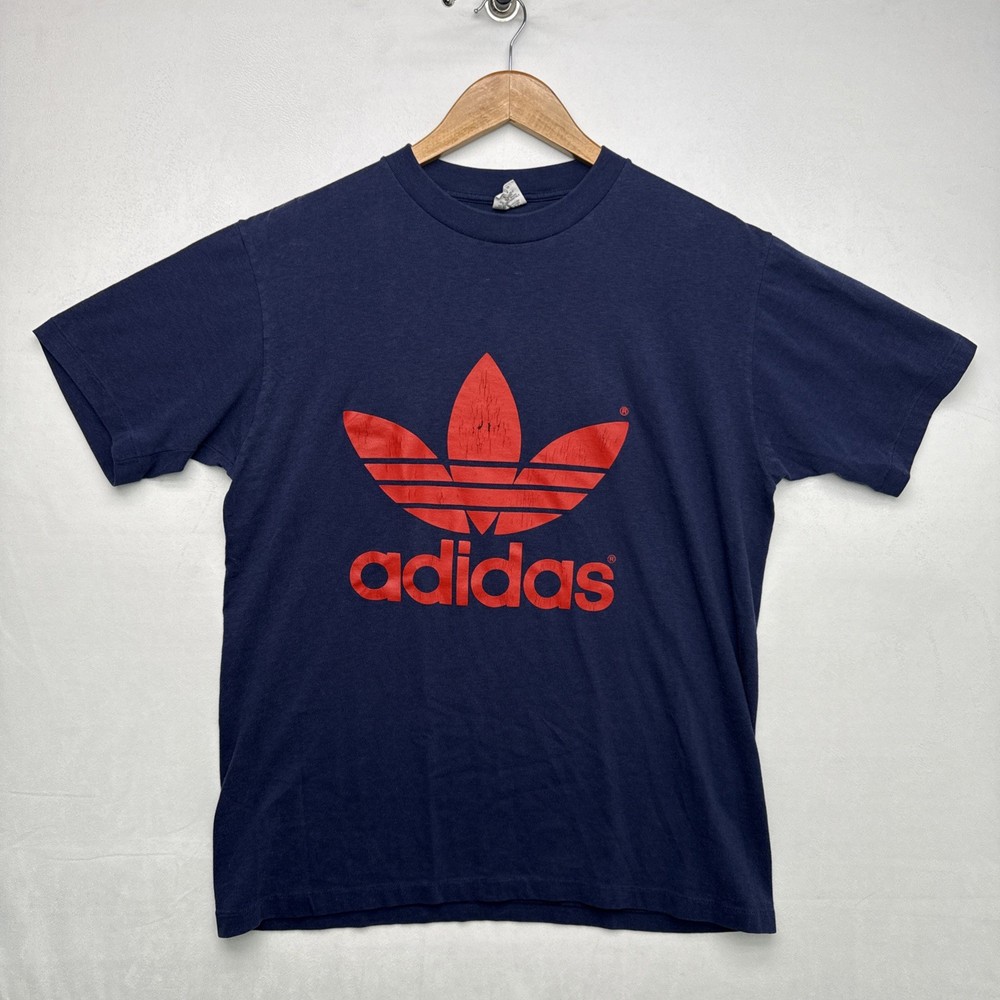 Vtg 80's Adidas Originals T-Shirt Men's Large Trefoil Logo Short Sleeve Navy