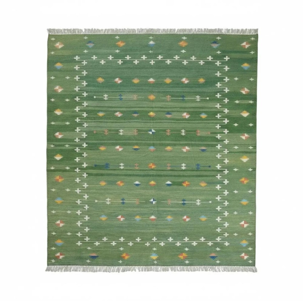 Handwoven Wool Kilim Dhurrie Rug Color Green Multi Handmade Design Carpet Rug