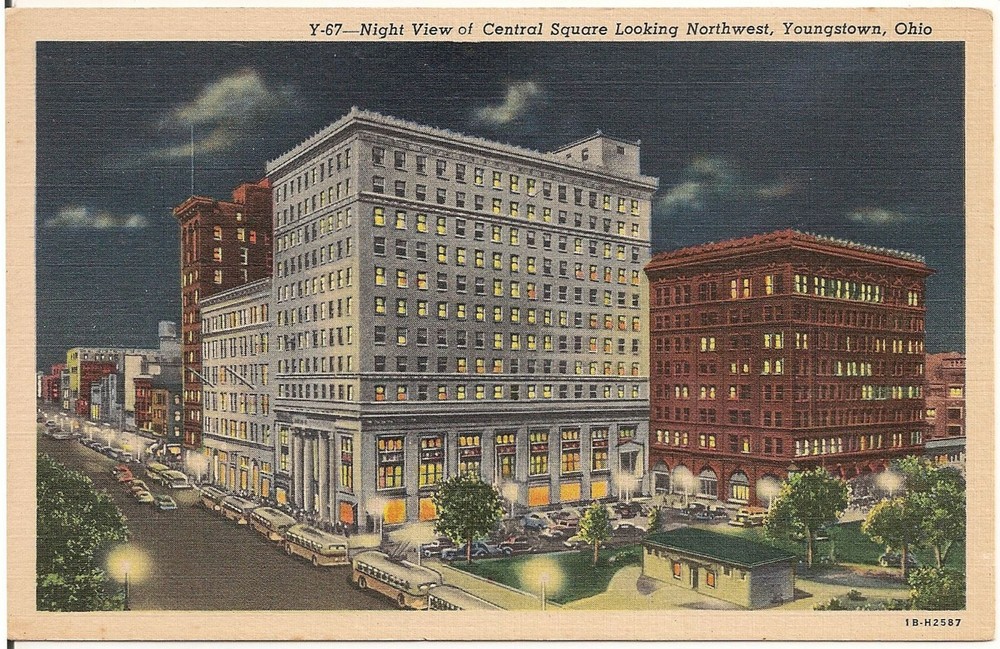 Night View of Central Square Looking Northwest in Youngstown OH Postcard