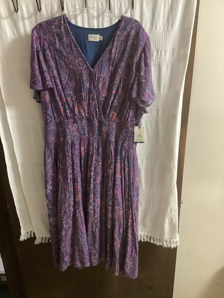 Terra & Sky 2X Boho Floral Paisley Sundress V-Neck Short Sleeve Cotton Blue