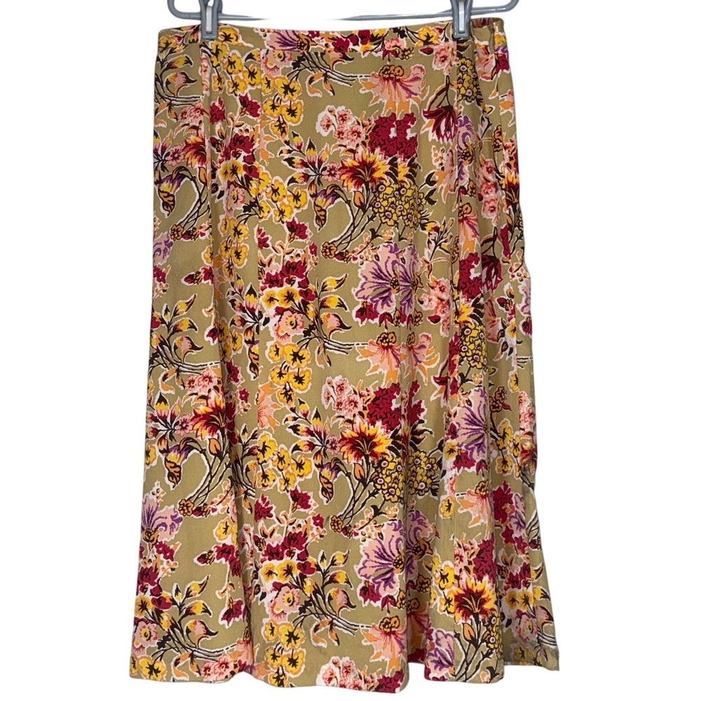 Vintage Floral Cottagecore Boho Soft Prairie Midi Skirt Womens 16 Tan Brown
