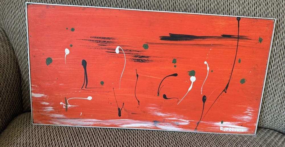 Mid Century Modern Abstract Painting Signed Denker 24x13 Atomic MCM
