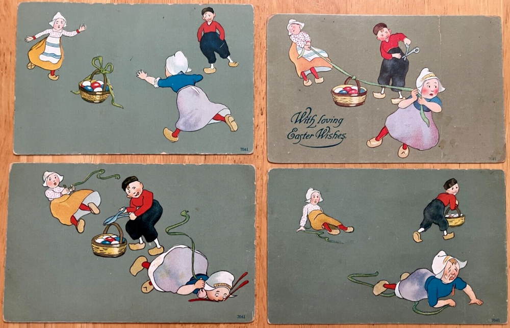 Antique postcards: Easter prank over basket of Easter eggs told in 4 cards, used