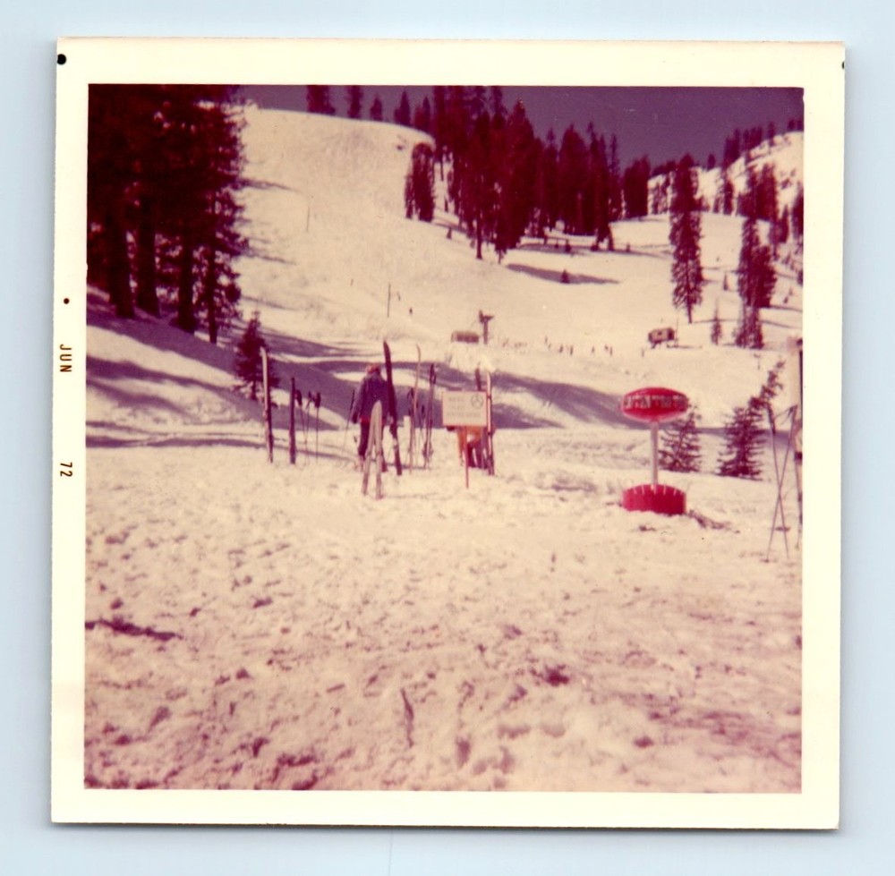 Old Vintage Square Color Photo SKI RESORT SNOW WINTER SCENE SKIS SKIER 1972