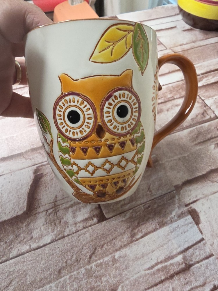 Ceramic Owl Coffee Tea Mug Cup Tree Leaf Orange Green Yellow
