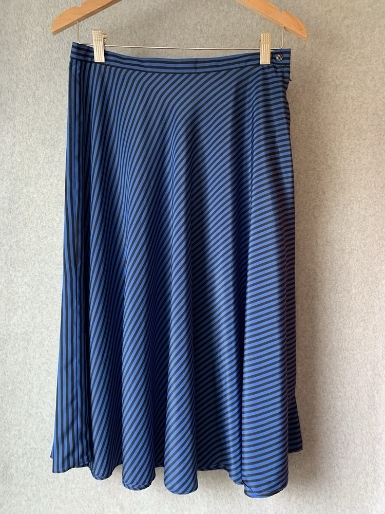 Vtg Liz Claiborne Midi Skirt sz 10 Blue Black Stripe Flowy Silky A Line