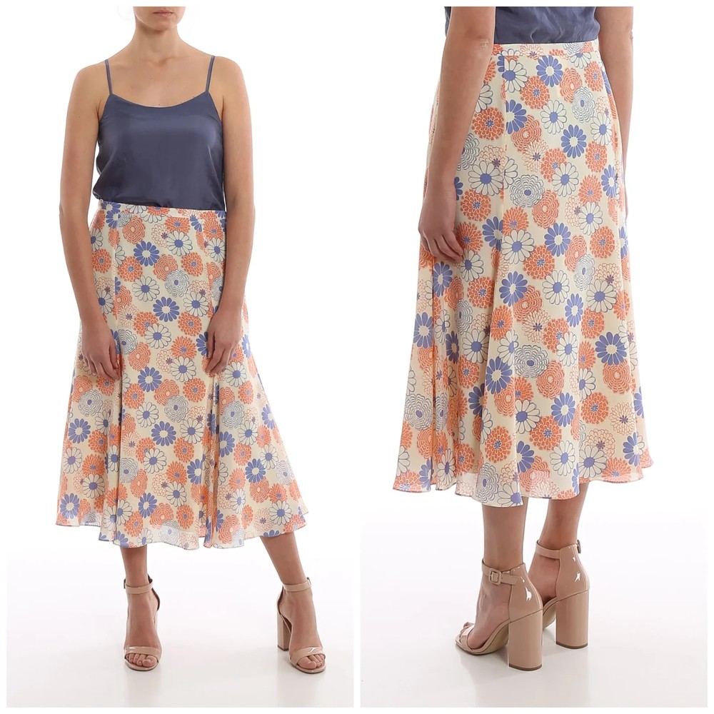 NWT $813 Women's Kenzo Cream Floral Print Silk Midi Skirt Size: 42