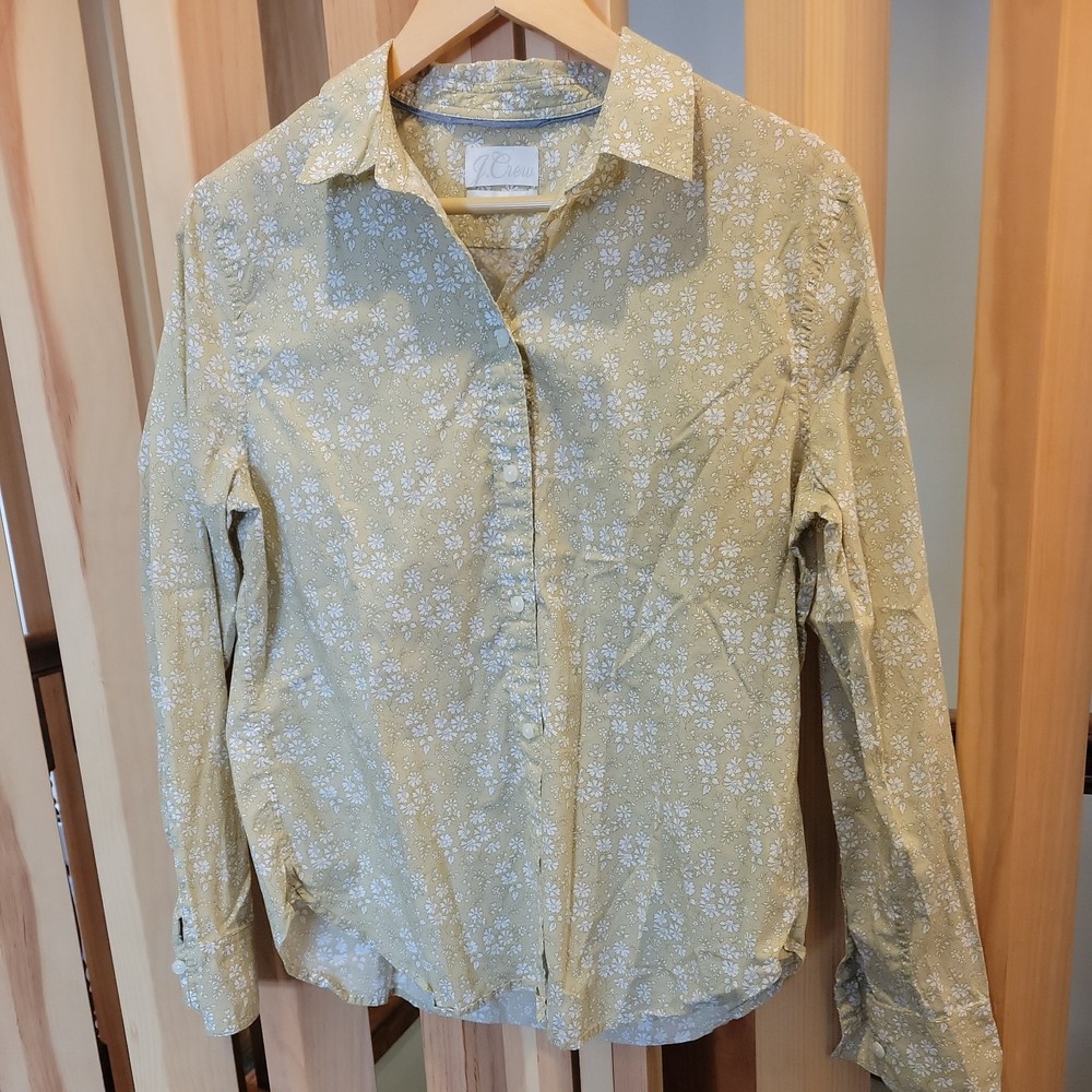 JCrew Liberty Fabrics Womens Slim Fit Tan Beige White Floral Button Up Shirt 12