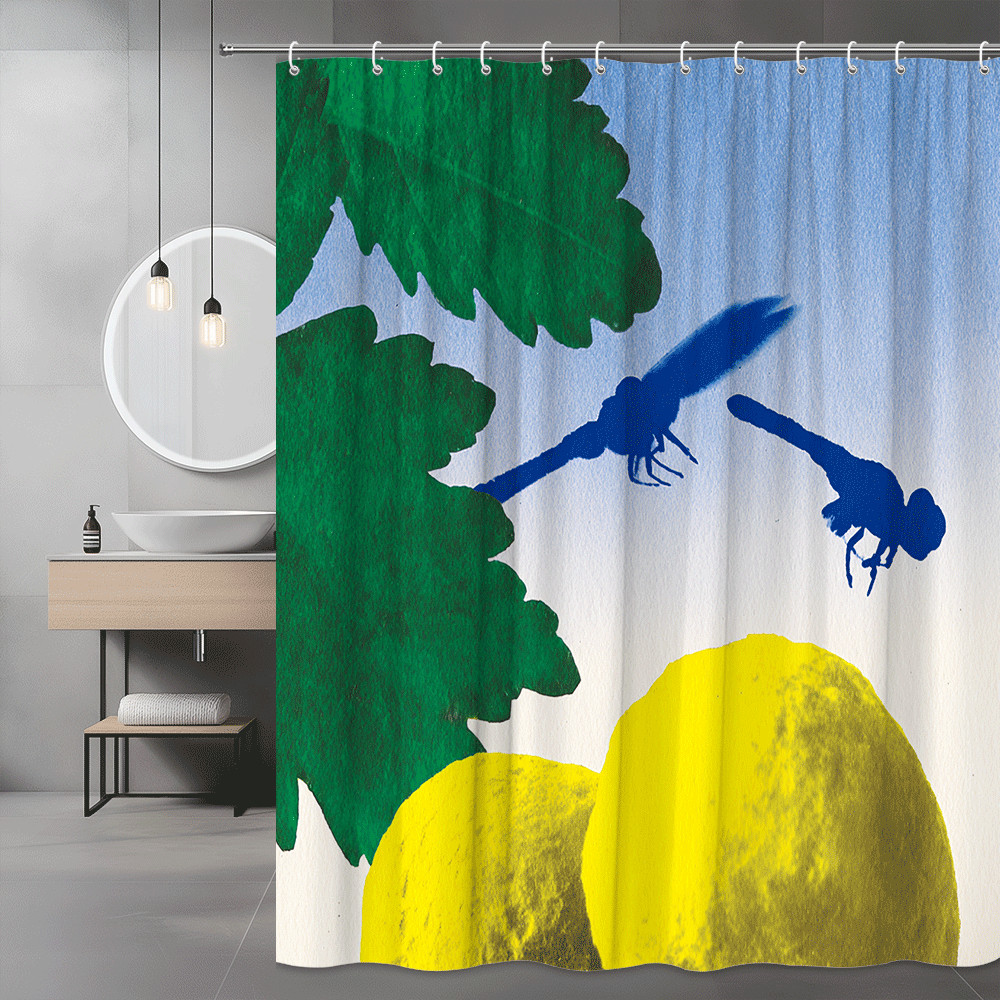 Dragonfly Leaf Print Shower Curtain, Green Blue Yellow Nature Design